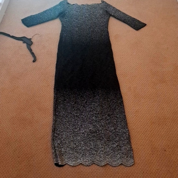 MARINA Black&Silver Ombre Knit Maxi Off Shoulder Cocktail Dress w/ 3/4 Sleeve 8 - Picture 4 of 12